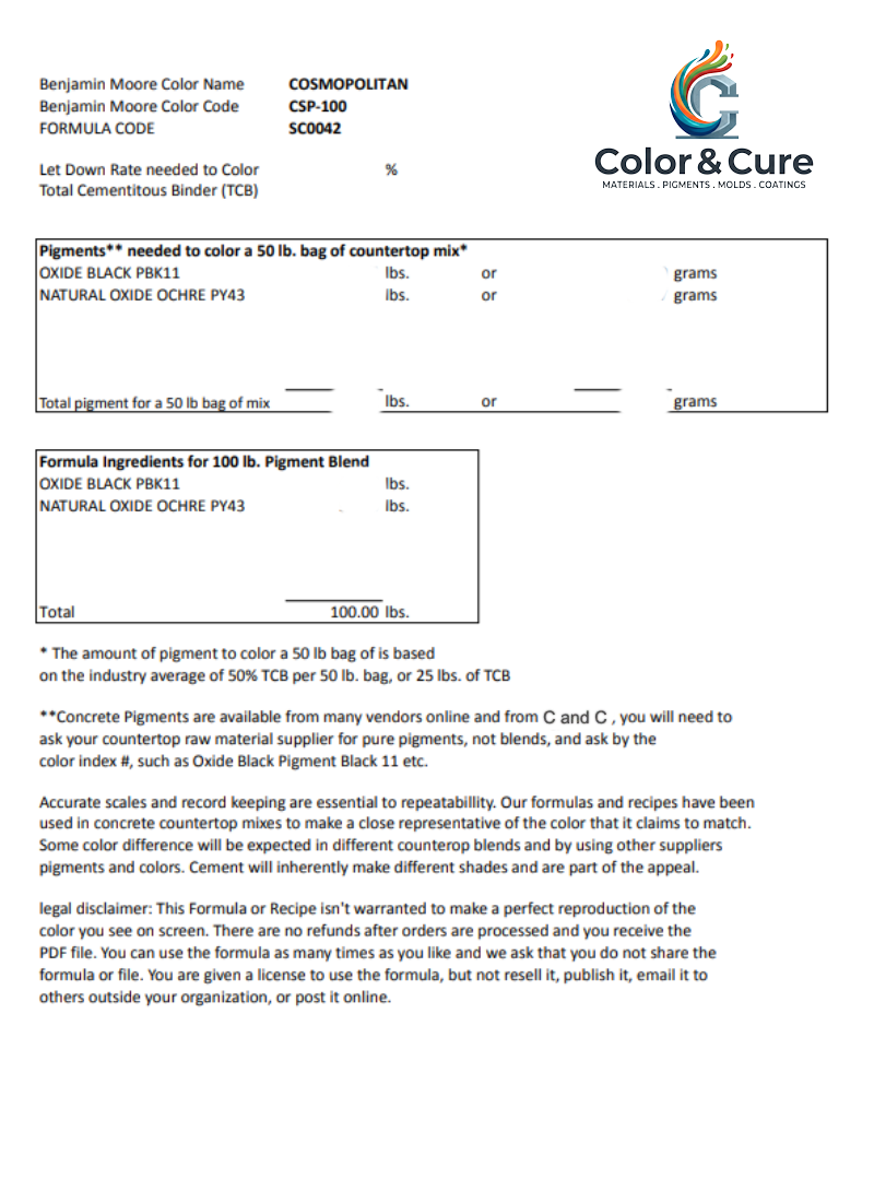 Color formulation to make AC-25 Harbor Gray in a Concrete Countertop mix
